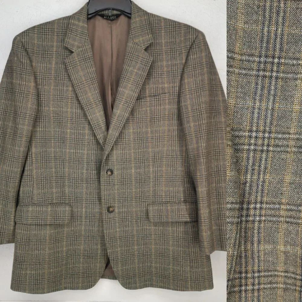 Jos A. Bank 44R | Brown Windowpane Plaid 100 Wool Tweed Sport Coat Blazer Jacket